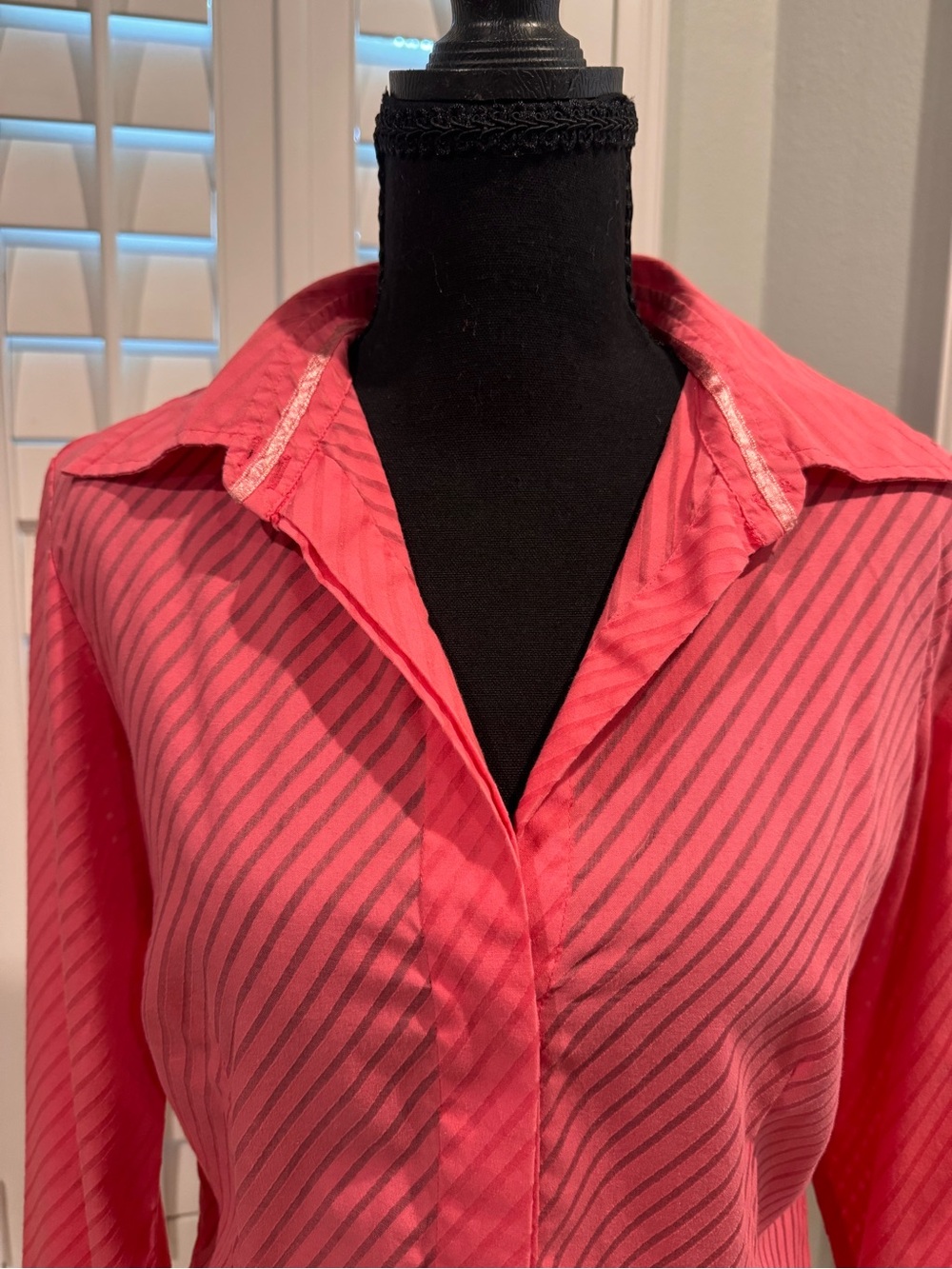 Vintage Moda International Coral Pink Striped Button-Down Shirt with Satin Trim